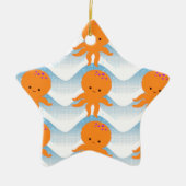 Ornement Étoile En Céramique Motif Octopus Orange Et Vagues Bleues (Devant)