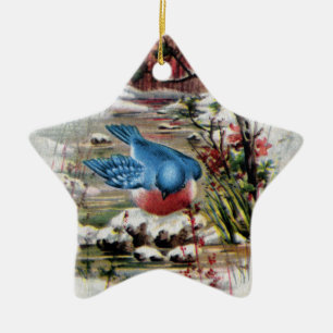 Ornement Étoile En Céramique Oiseaux bleus dans Noël de cru d'hiver