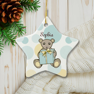Ornement Étoile En Céramique Ours en peluche bleu pastel et jaune personnalisé