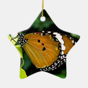 Ornement Étoile En Céramique Papillon orange, noir et blanc sur feuille