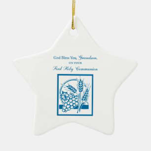 Ornement Étoile En Céramique Première communion petit-fils Bleu, Blé, Raisins