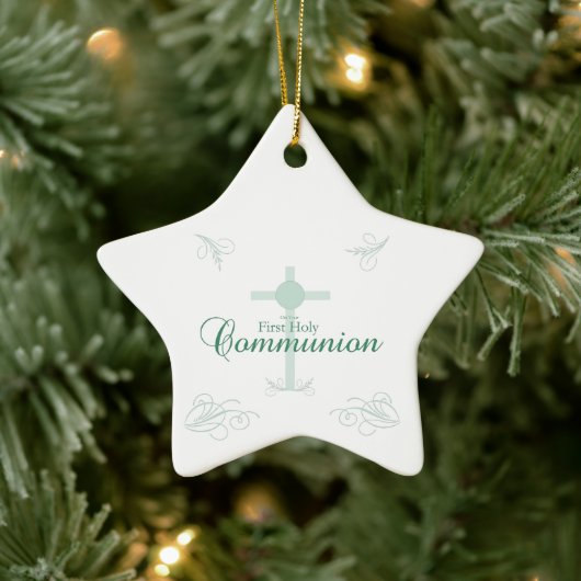 Ornement Étoile En Céramique Première Communion sainte, Script en vert tendre (Arbre)