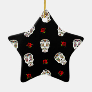 Ornement Étoile En Céramique RAB Rockabilly Sugar Skulls Roses sur fond noir