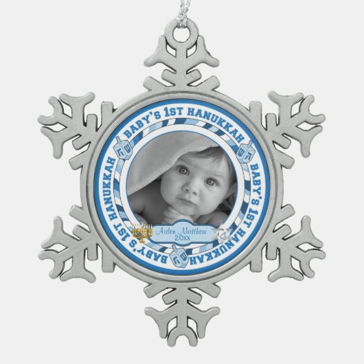 Ornement Flocon De Neige 1ère Hanoukka Photo Name Dreidels (Devant)