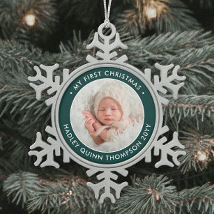 Ornement Flocon De Neige 1ère photo moderne de Noël de bébé vert et blanc