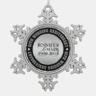Ornement Flocon De Neige 25E Anniversaire Mariage Métallique Argent Et Noir