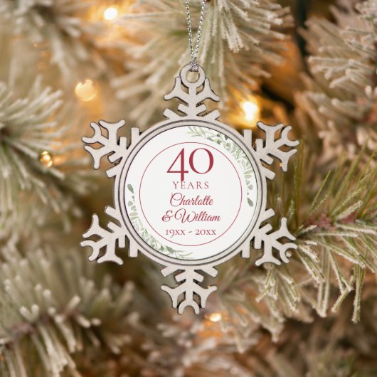 Ornement Flocon De Neige 40e anniversaire de mariage Ruby Greenery Floral (Arbre)