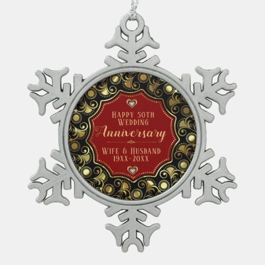 Ornement Flocon De Neige 50e anniversaire de Mariage Rouge Noir & Or (Devant)