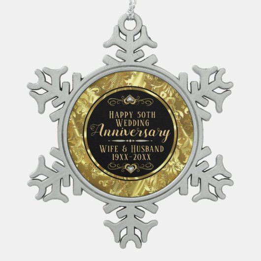 Ornement Flocon De Neige 50e anniversaire du Mariage Noir & Or (Devant)