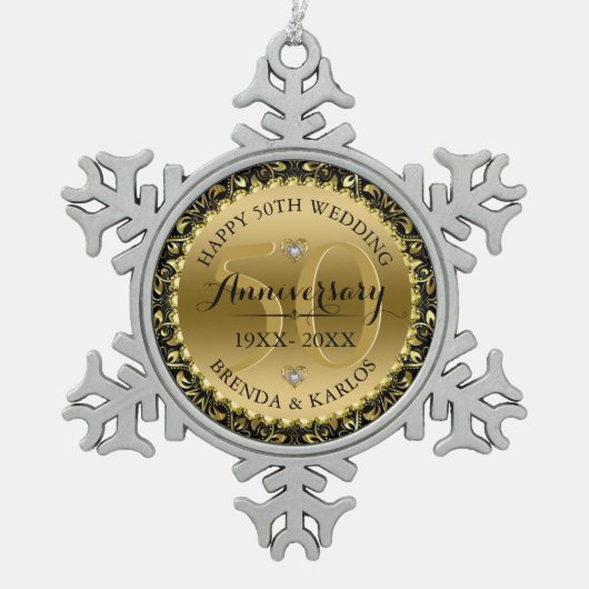 Ornement Flocon De Neige 50e anniversaire mariage noir & or cadre tourbillo (Devant)