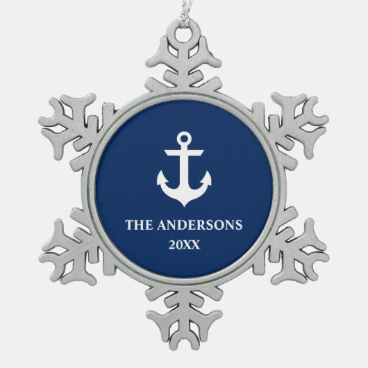 Ornement Flocon De Neige Ancre Bleue Marine Nautique Nom Année S (Devant)