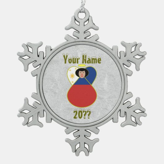 Ornement Flocon De Neige Ange philippin Cheveux noirs vêtus d'un drapeau (Devant)