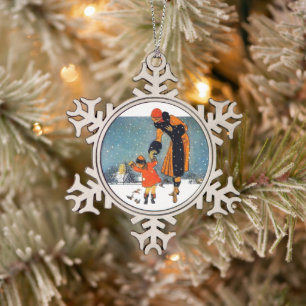 Ornement Flocon De Neige Art Déco vintage Hiver Mère et Enfant dans la Neig