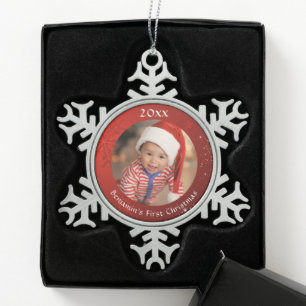 Ornement Flocon De Neige Baby First Christmas Red Photo Flocon de neige