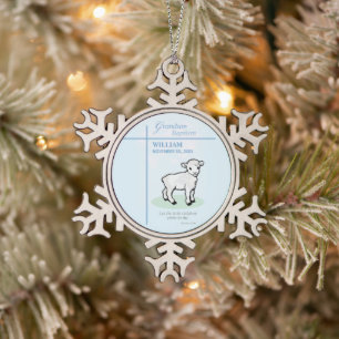 Ornement Flocon De Neige Baptême de petit-fils Agneau Bleu Personnalisé