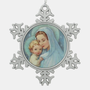 Ornement Flocon De Neige Bébé béni Jésus de mère de Vierge Marie