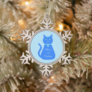Ornement Flocon De Neige Bébé Bleu mignon chat Personnalisé Premier Noël