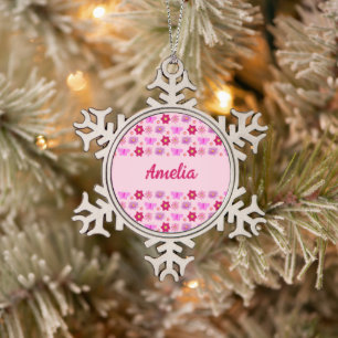 Ornement Flocon De Neige Bébé rose Papillons et fleurs Nom personnalisé