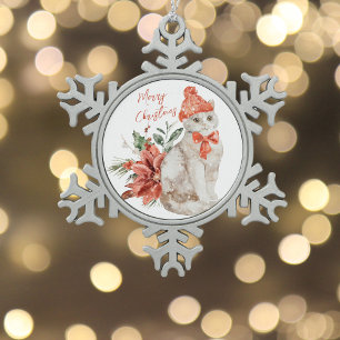 Ornement Flocon De Neige Blanc Kitten Rouge Poinsettia Joyeux Noël