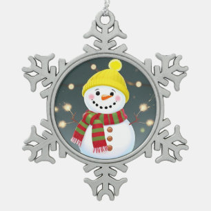 Ornement Flocon De Neige Bonhomme de neige heureux avec des cierges magique