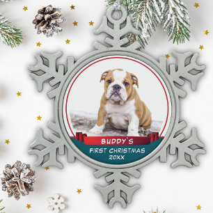 Ornement Flocon De Neige Bulldog Puppy 1st Christmas Red Ribbon Dog