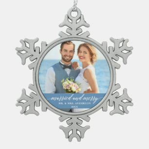 Ornement Flocon De Neige Calligraphie Mariage mariée et joyeuse Bleu clair