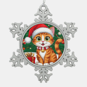 Ornement Flocon De Neige Chat adorable avec un chapeau de Père Noël et un c