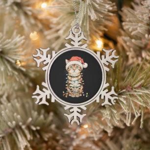 Ornement Flocon De Neige Chat Bengal Sapin de Noël Lumières Chapeau de Père