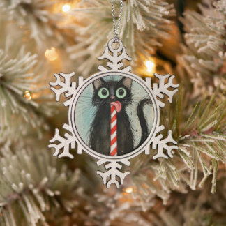 Ornement Flocon De Neige Chat noir fantaisiste avec canne à sucre Noël