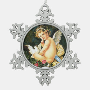 Ornement Flocon De Neige Chérubin Cupidon Colombe Rose Cœur