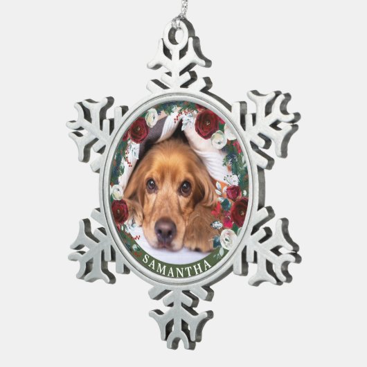 Ornement Flocon De Neige Chien photo animal rouge Rose Wreath (Vue impression)