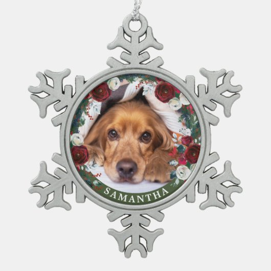 Ornement Flocon De Neige Chien photo animal rouge Rose Wreath (Devant)