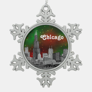 Ornement Flocon De Neige Ciel étoilé de Noël rouge et vert avec Chicago gra