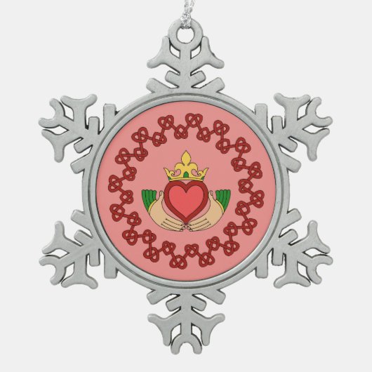 Ornement Flocon De Neige Claddagh et Red Knotwork sur rose (Devant)