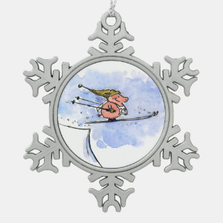 Ornement Flocon De Neige Cochon de saut à ski en plein vol | Art animalier 