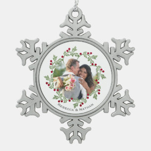 Ornement Flocon De Neige Couronne de houx élégante personnalisée avec photo