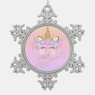 Ornement Flocon De Neige Couronne florale de licorne magique, joyeux Noël