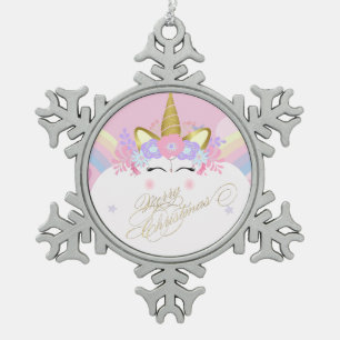 Ornement Flocon De Neige Couronne florale licorne, Joyeux Noël