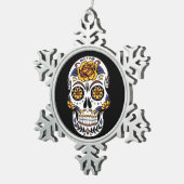 Ornement Flocon De Neige Crâne à sucre rose jaune sur noir (Vue impression)