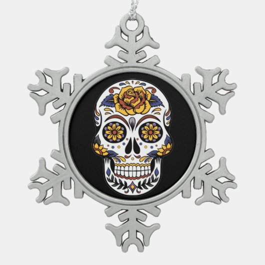 Ornement Flocon De Neige Crâne à sucre rose jaune sur noir (Devant)