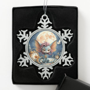 Ornement Flocon De Neige Créature de Fantaisie Mignonne au Clair de Lune