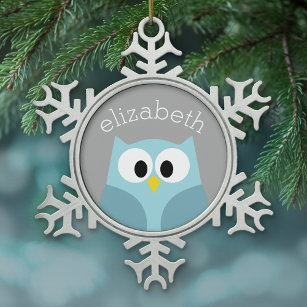 Ornement Flocon De Neige Cute Cartoon Owl - Blue and Gray Custom Name