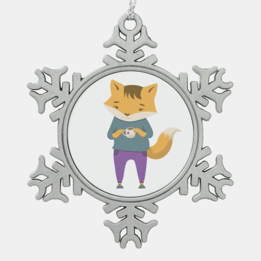 Ornement Flocon De Neige Cute renard avec tasse de thé (Devant)