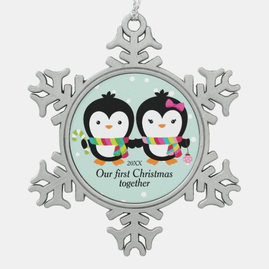Ornement Flocon De Neige Cutie Penguin Couple Premier Noël (Devant)