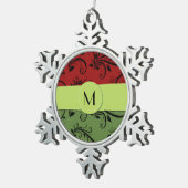 Ornement Flocon De Neige Damas rouge, Damas vert, Monogramme (Vue impression)