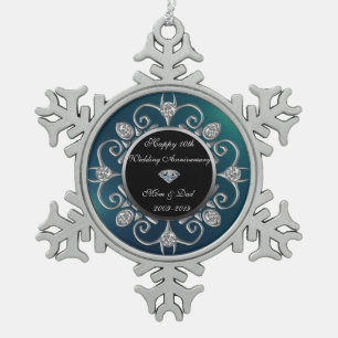 Ornement Flocon De Neige Diamants Argent Vert 10e Anniversaire de Mariage