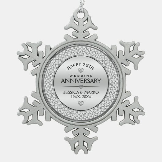 Ornement Flocon De Neige Diamants blancs et argent 25e Mariage (Devant)