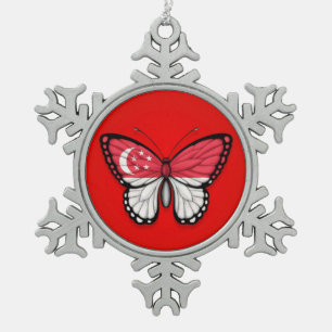 Ornement Flocon De Neige Drapeau de papillon de Singapour sur le rouge
