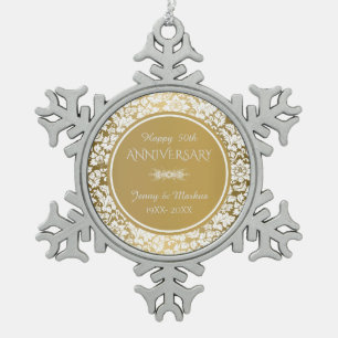 Ornement Flocon De Neige Élégant 50e anniversaire de Mariage blanc et or
