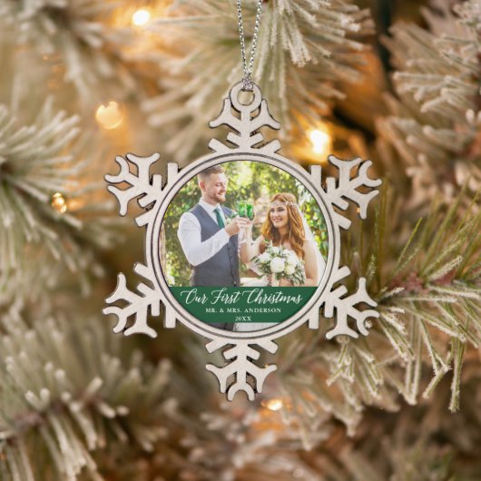 Ornement Flocon De Neige Élégante calligraphie Notre premier vert de Noël (Arbre)